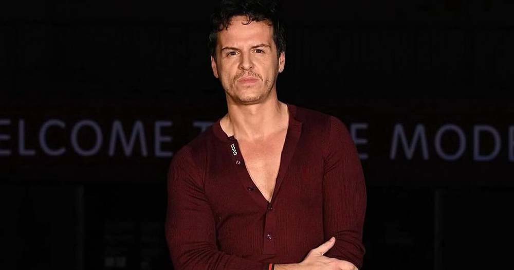 Photo of Andrew Scott posing in red shirt, the article talks about his role in Knives Out 3.