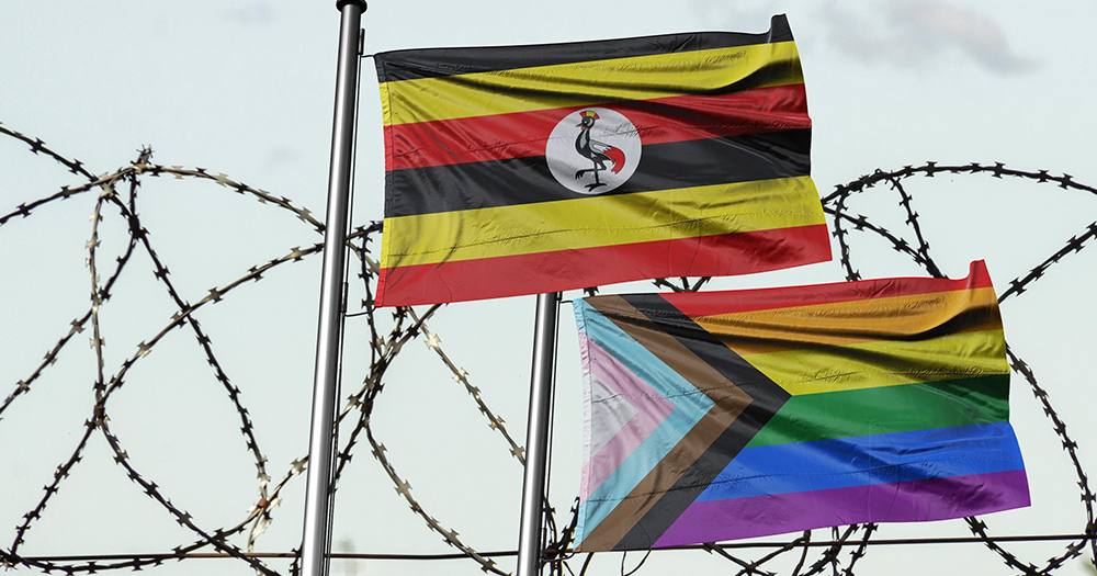 This article is about the anti-LGBTQ+ law in Uganda preventing access to healthcare. In the photo, a Ugandan flag and a Pride flag flying.
