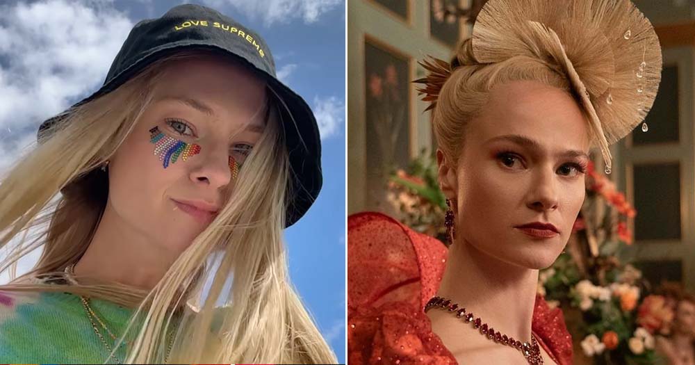Two side-by-side photos of Bridgerton actor Jessica Madsen who shared an Instagram post about her queer identity.