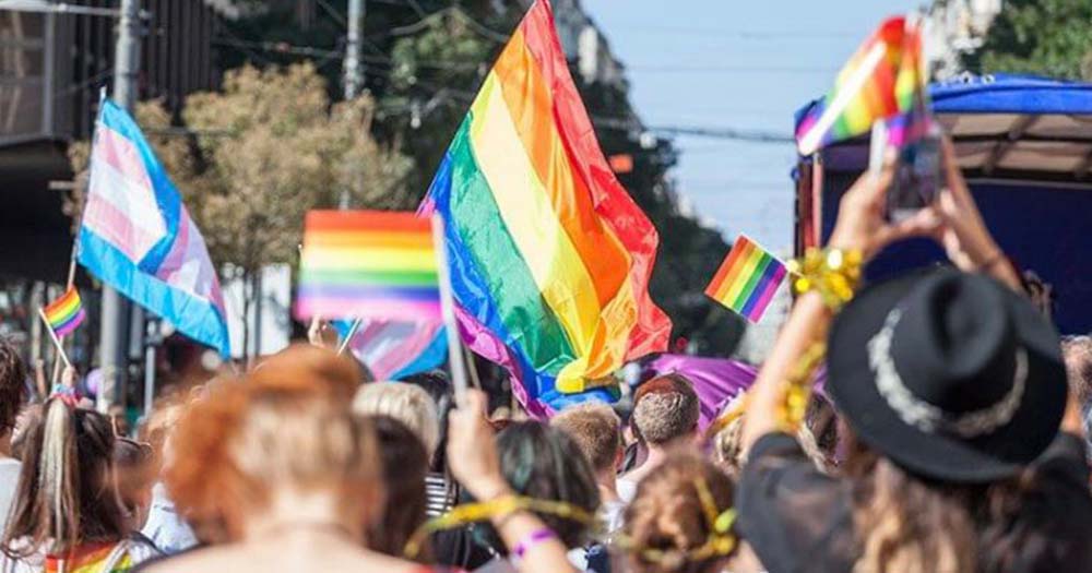 This article is about Wicklow Pride cancelling its Rainbow Disco. The photo shows a crowd of people holding Pride flags.