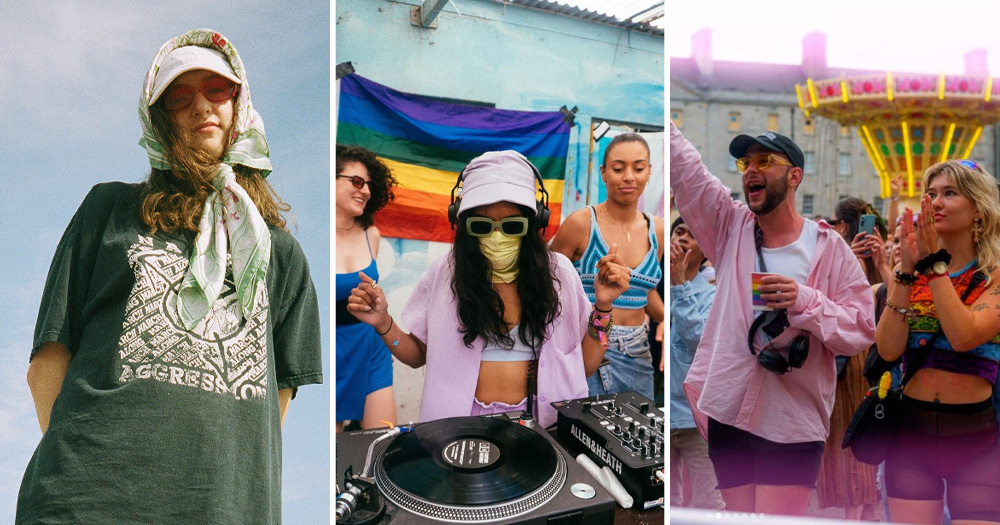 Split screen of three parties happening for Dublin Pride. Left is of headliner Maara from HONEYPOT, middle is of a DJ playing at Dublin Modular, and right is two people in the crowd at Mother Pride Block Party.