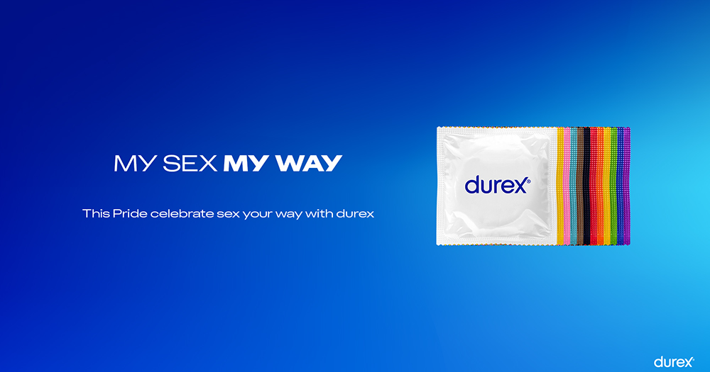 Graphic of Durex campaign 'my sex my way', coming to the Mother Pride Block Party this year. There are colorful Durex foil wrappers and the message 'my sex y way' on a blue background.