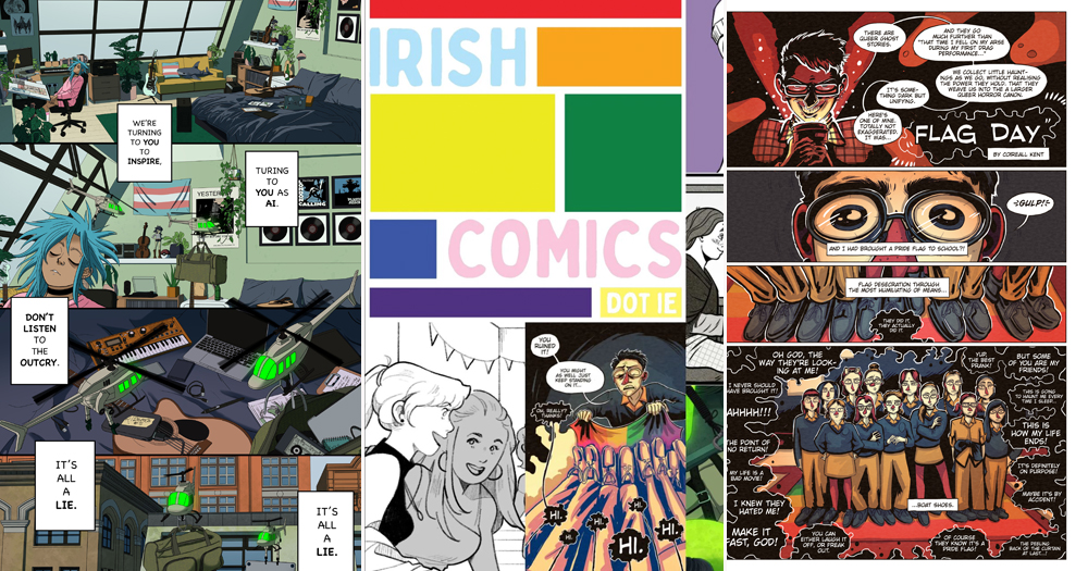 Split screen of three Irish queer comics featured in the Pride list by IrishComics.ie
