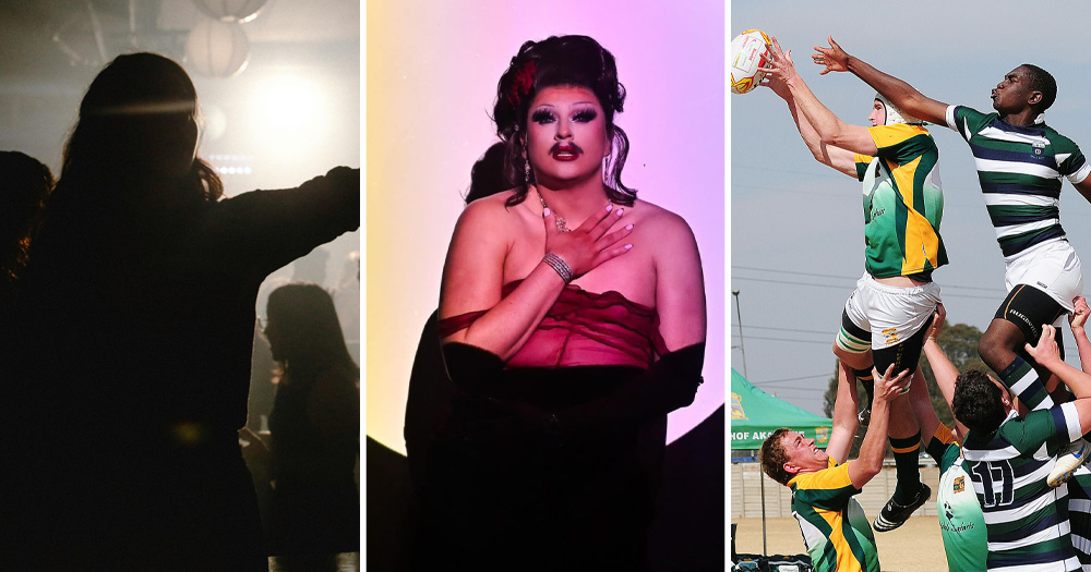 Split screen for three queer events happening in Dublin in June. Left is a woman at a nightclub, middle is a drag queen performing on stage and right is men playing rugby.