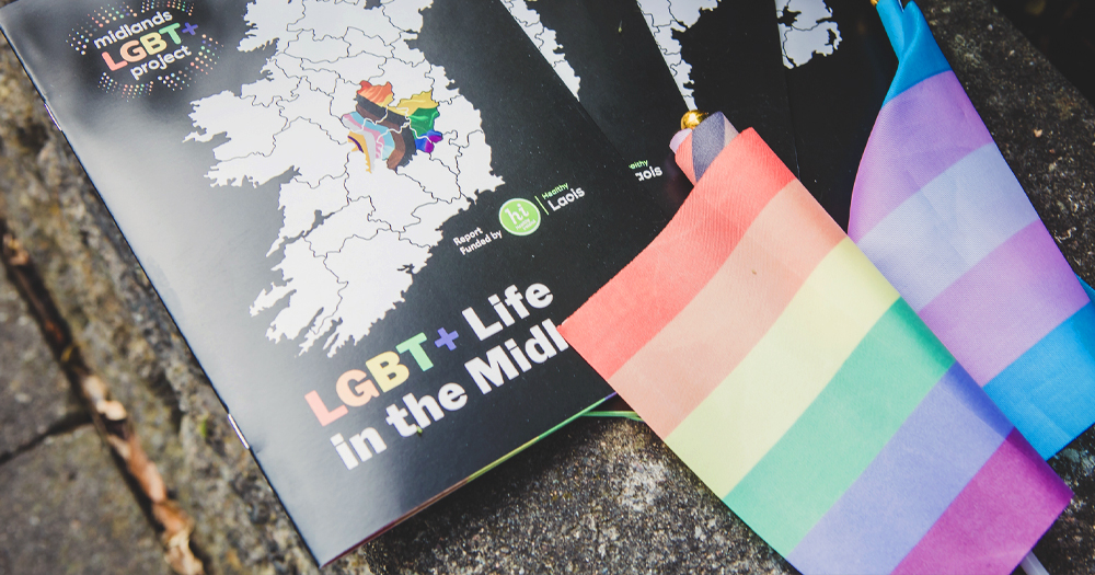 Photos of a research about LGBTQ+ people in the Midlands, with rainbow and trans flags.