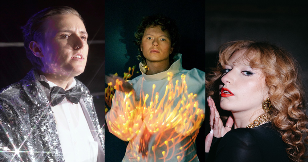 This article is about queer songs. From left to right: Naoise sings wearing a glittering suit jacket sitting at a microphone; Calvyn Cass stands holding flames out in front of him; Pastiche half turns to the camera and blows a kiss.