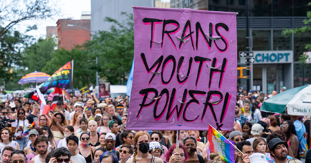 This article is about a new community space for trans youth in Northern Ireland. The image shows a crowd of people at Pride, with a pink banner reading 