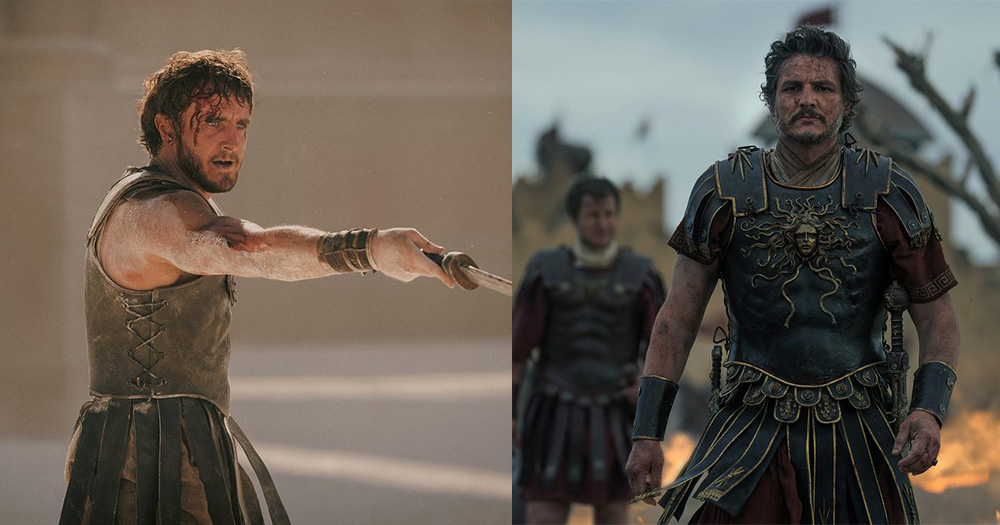 Two images from the new trailer for the much awaited sequel Gladiator II featuring Paul Mescal (left) and Pedro Pascal (right)