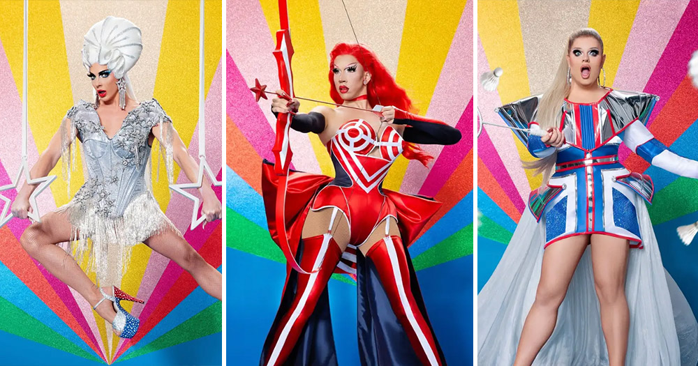 Promotional images of Alyssa Edwards, Tessa Testicle, and Kitty Scott-Claus, contestants from the upcoming season of 'RuPaul's Drag Race Global All Stars'.