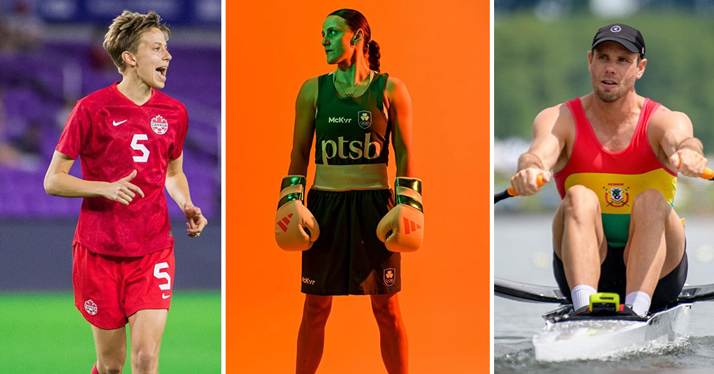 Side-by-side photos of openly LGBTQ+ Olympic athletes Quinn (Canada), Michaela Walsh (Ireland) and Robbie Manson (Australia).