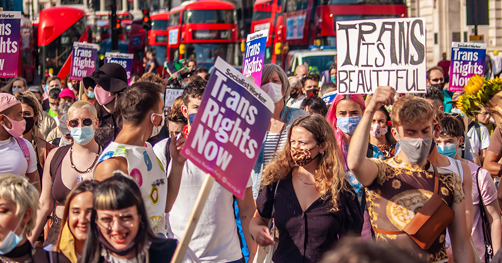 This article is about a ruling upholding a UK ban on puberty blockers. In the photo, a protest with people carrying signs with messages in support of trans rights.