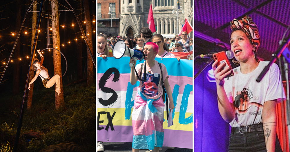 A split screen of three images from three different queer events happening in July. Left is from Cairde Festival in Sligo, middle is from Trans and Intersex Pride and right is from ROSA's Summer of Souls concert.