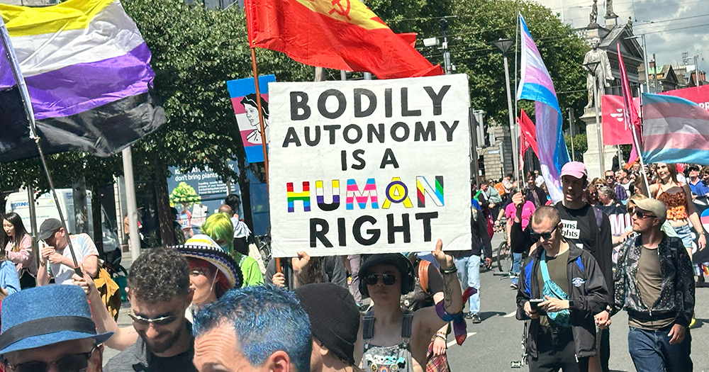 A banner from Trans and Intersex Pride 2024 reading: "Bodily autonomy is a human right".