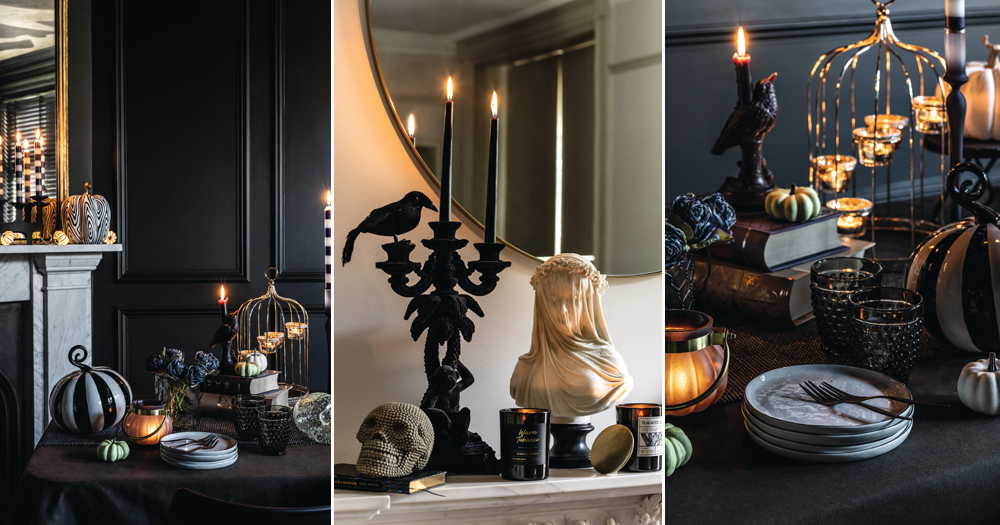 Split screen of photos portraying Halloween decorations from TK Maxx and Homesense.