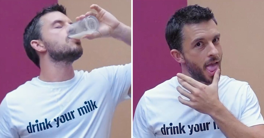 Two screenshots side by side of Jonathan Bailey drinking milking in his new charity video.