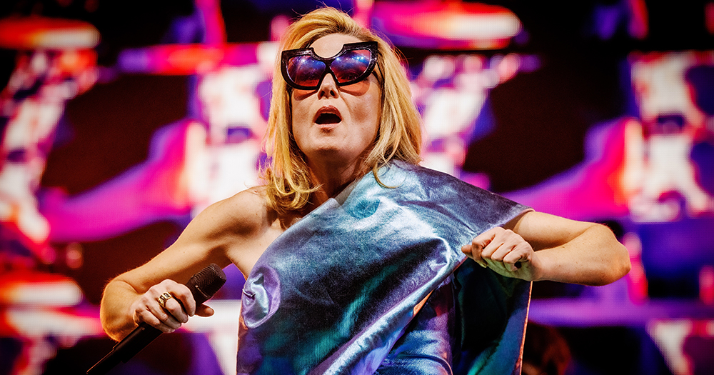 Roisín Murphy, who has been announced as headliner of the TRAMP festival, while performing on stage while wearing big sunglasses and a blue and silver costume.