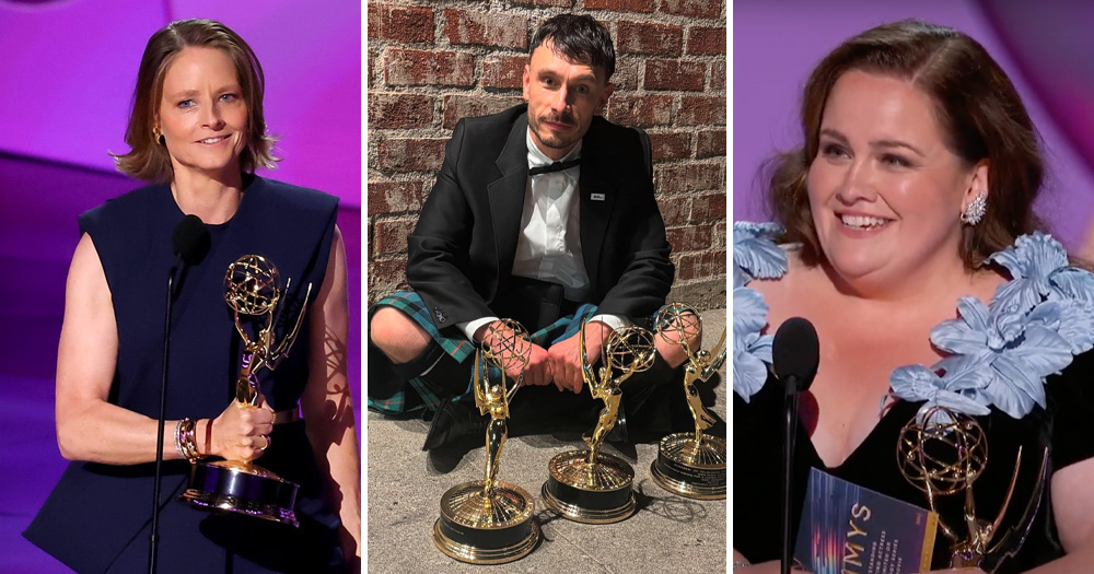 LGBTQ+ actors with their 2024 Emmy Awards. Left is Jodie Foster, middle is Richard Gadd and right is Jessica Gunning.