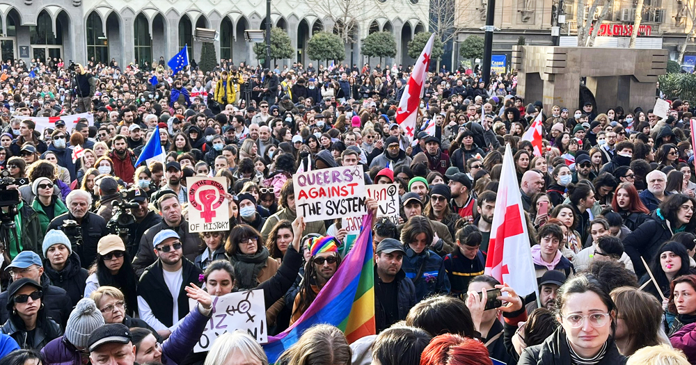 Crowd marching in Pride in the Georgian capital Tbilisi, with the country recently passing an anti-LGBTQ+ law.