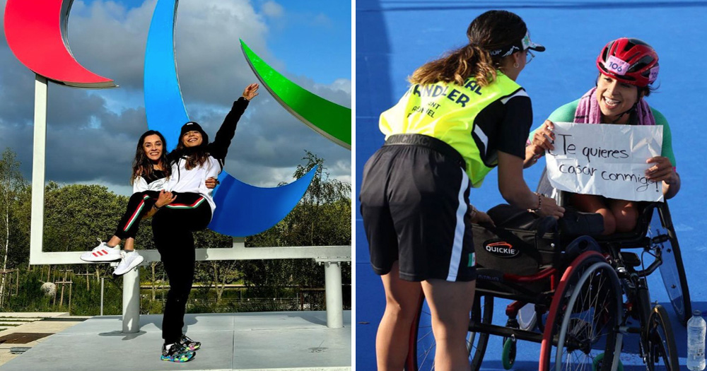 A split screen. On the left is Paralympian Brenda Osnaya Alvarez being carried by her partner and coach Jessie González. Right is the Paralympian pulling off a marriage proposal to Gonzalez at the finish line in Paris.