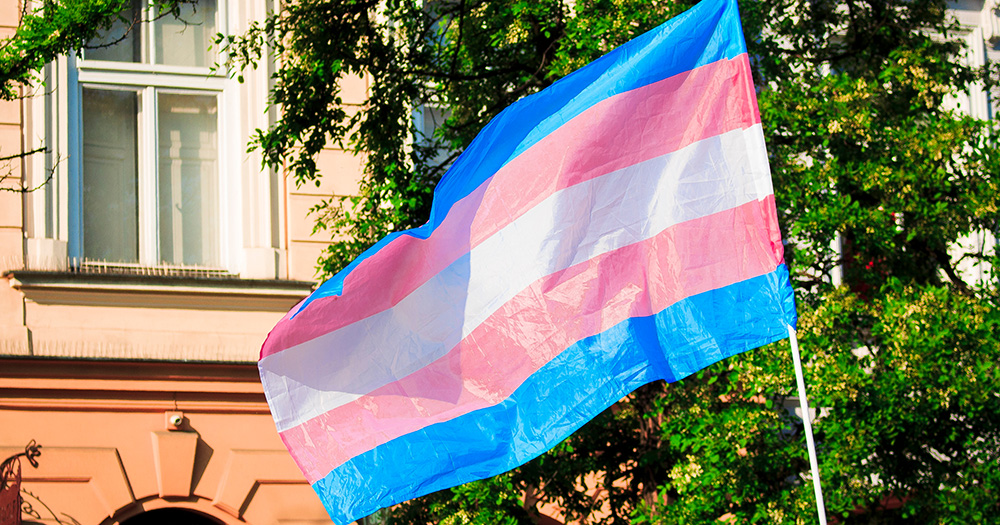 This article is about the puberty blocker ban in Northern Ireland. The image shows a trans flag flying outdoors.