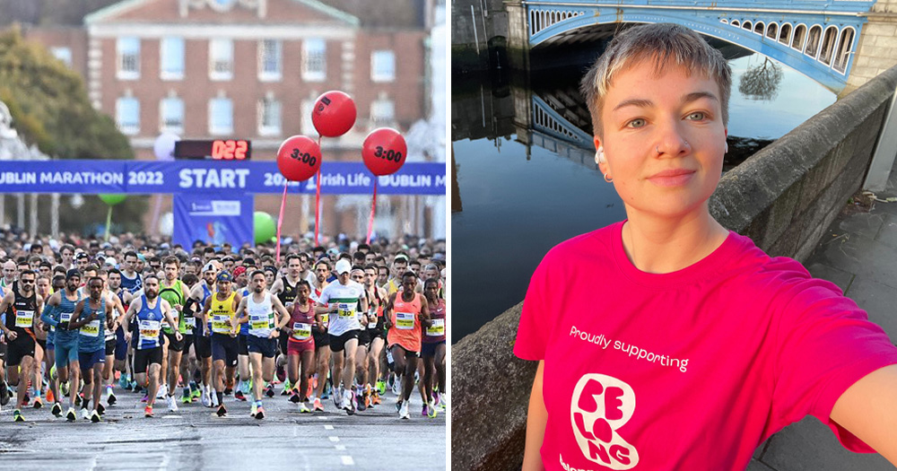 A split screen of the Dublin Marathon start line and GCN Editor Alice Linehan.