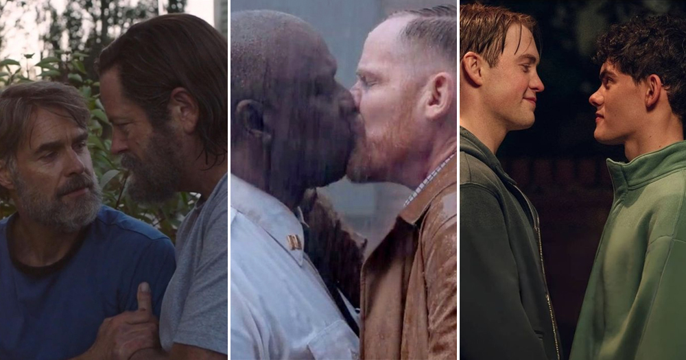 A three split image of gay couples from TV series