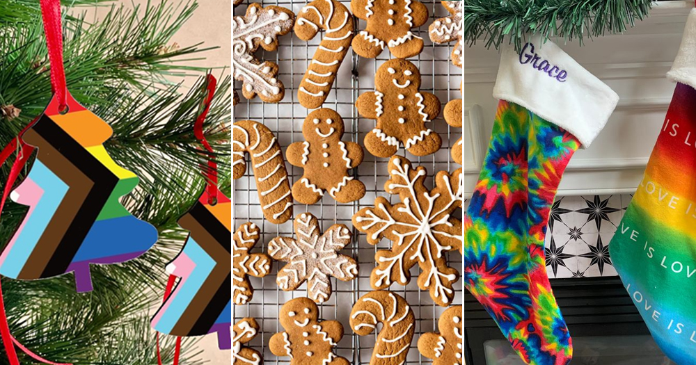 This article is about a queer advent calendar. The image is a split screen of a Christmas queer decoration, gingerbread cookies and a queer stocking.