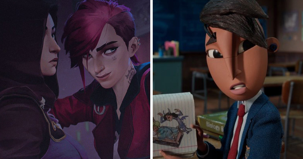 A split screen of queer animated characters.