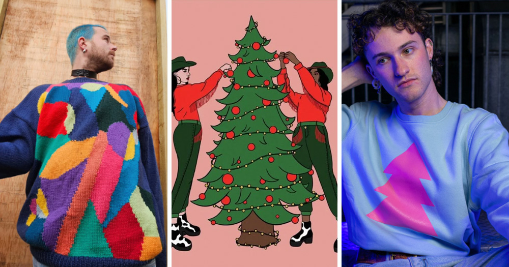 A split screen of three last minute queer Christmas gifts. Left is a multicoloured vintage jumper, middle is a Christmas card and right is a GCN Christmas hoodie.