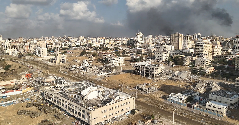 Photo of Gaza destroyed by airstrikes, as Israel and Hamas have announced a ceasefire deal.