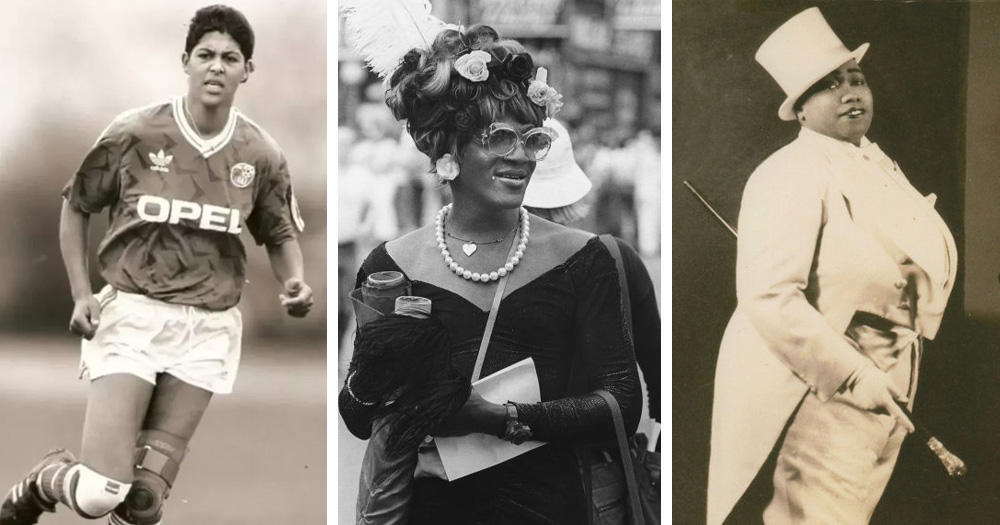 Split screen of three Black LGBTQ+ people who changed history. Left is Jackie McCarthy O'Brien, middle is Marsha P Johnson and right is Gladys Bentley.