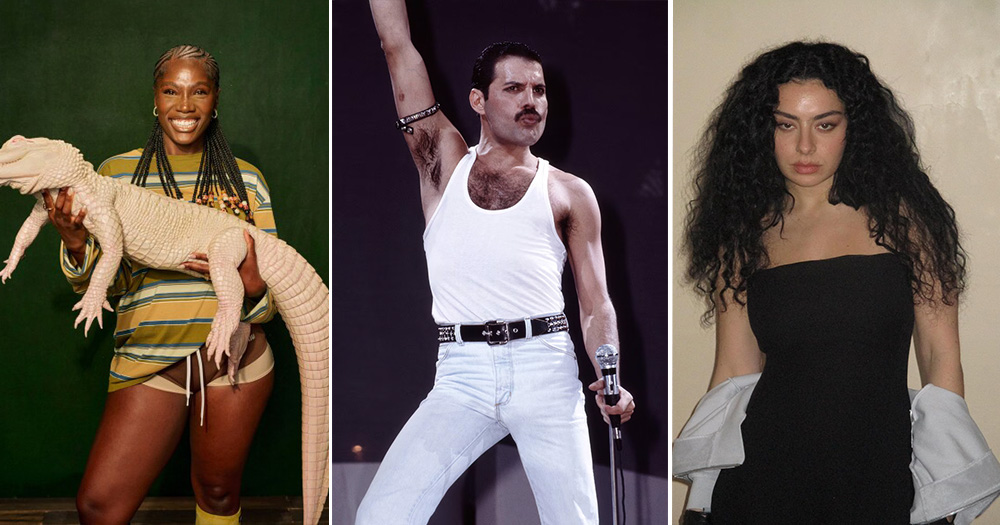 A split screen of three LGBTQ+ artists with CPR-friendly anthems. Doechii holding a white alligator with a green backdrop, Freddie Mercury wearing a white shirt and jeans with his hand up, Charli XCX wearing a black dress with a beige backdrop