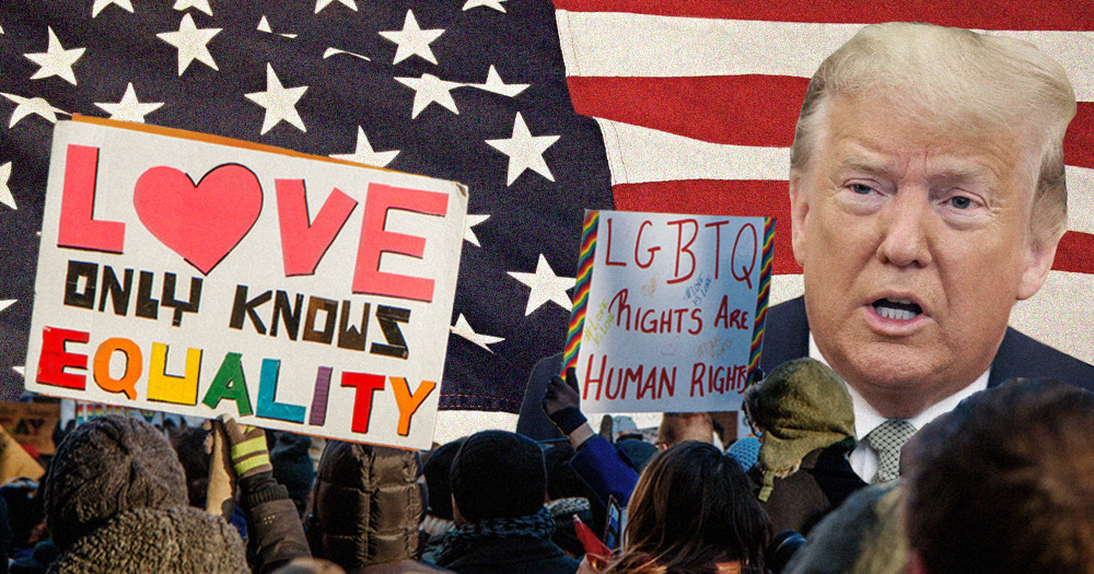 This article is about LGBTQ+ rights during the Trump administration. In the photo, people protesting and Trump's face with a US flag in the background.