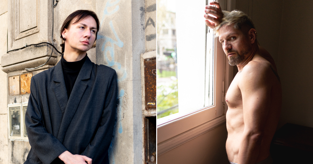 Photos from the Buenos Aires issue of the Elska Magazine. One man is portrayed on a street wearing a grey blazer and looking away from the camera. The other man is topless and portrayed in a house, close to a window, looking directly at the camera.