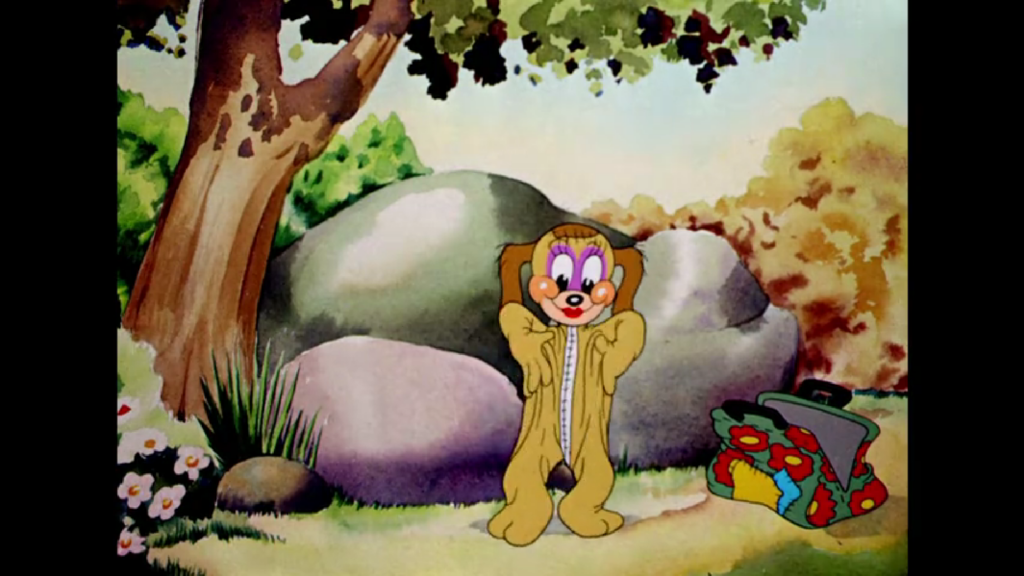 Rabbit from the series Merrie Melodies putting on a female dog suit to trick a male dog chasing after it.