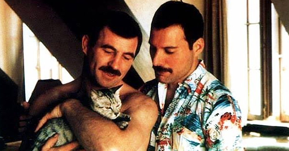 Jim Hutton and Freddy Mercury posing together as Hutton holds a grey cat.