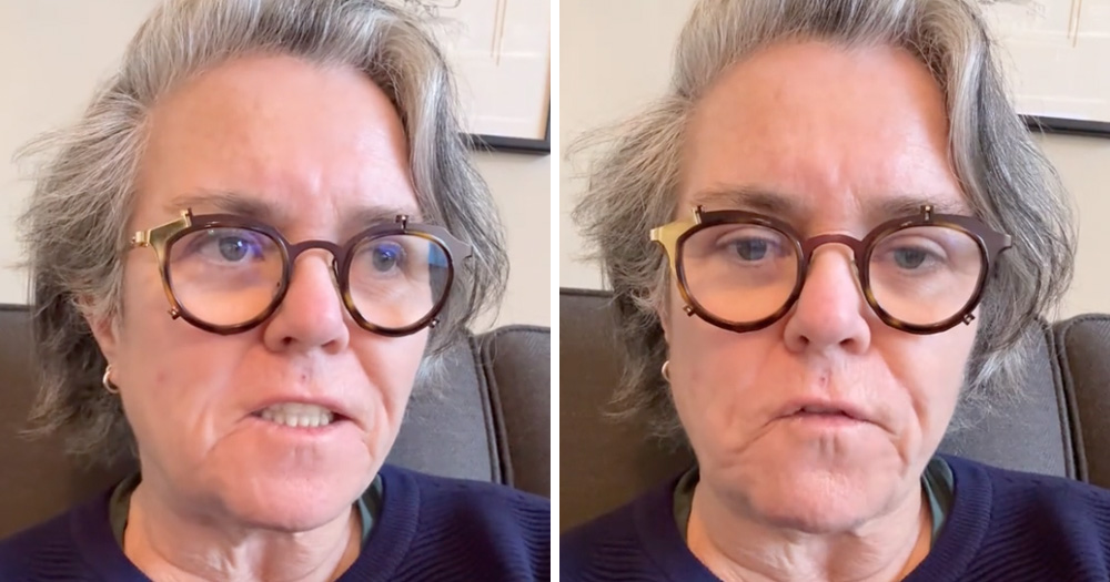 A split screen of Rosie O'Donnell, with images taken from her recent TikTok video.