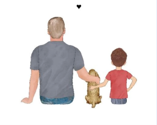 This article is about becoming a foster carer. In the image, a drawing of a father and a son hugging a little dog, all subjects portrayed from behind.