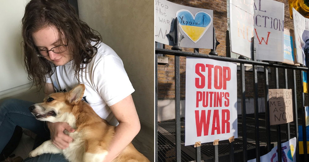 Split screen of trans man Mark Kislitsy, who is held in a prison in Russia, and signs protesting the war against Ukraine.