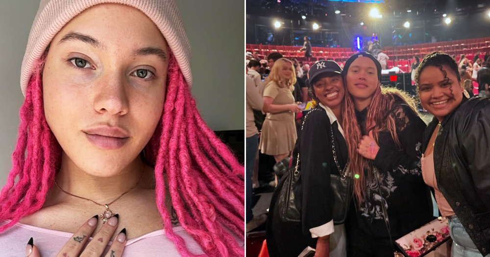 Split screen with photo of Robert De Niro’s trans daughter Airyn looking at the camera in a selfie, with bright pink hair and other photo with friends celebrating in an arena.