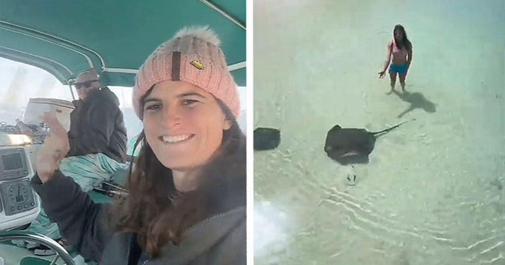 Left: Kelsey Granger, a trans woman living at sea, with a pink beanie waving at the camera on her boat. Right: Kelsey standing in the sea next to two stingrays.