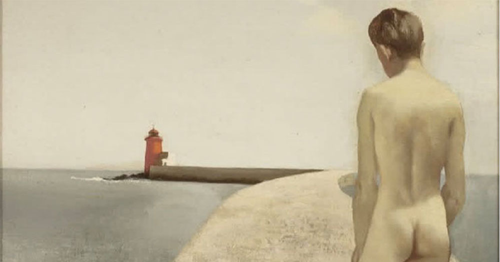 A painting by Patrick Hennessy of a naked man looking down at a seagull on a pier with a lighthouse in the distance.