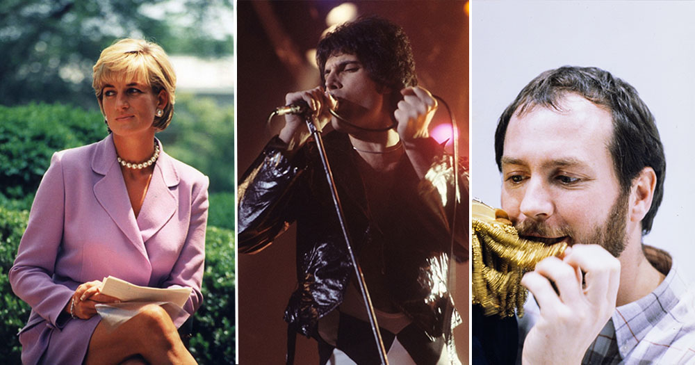 From left to right: Princess Diana in a purple suit wearing a pearl necklace, singer Freddie Mercury in a shiny jacket as he sings into a microphone, and TV Host Kenny Everett as he is biting down on a gold cloth.