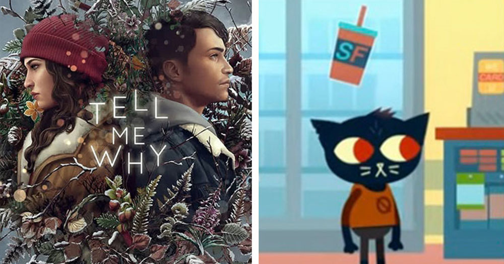 A split screen of two queer games. Left: Poster from Tell Me Why with twins back to back. Right: Mae, the main character of Night In The Woods standing in a shop.