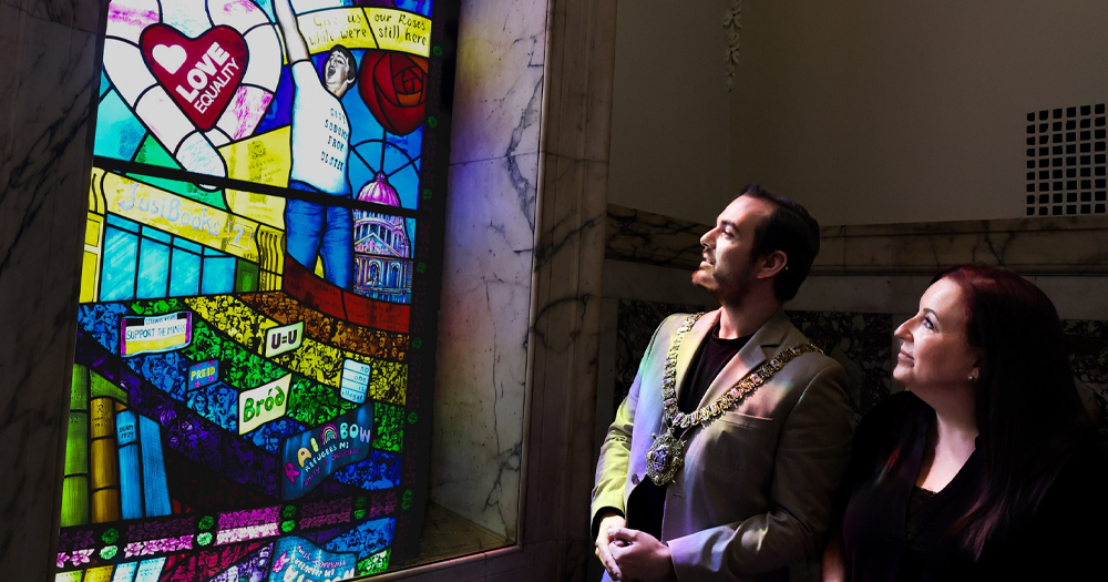Image shows a new stained glass window in Belfast City Hall.