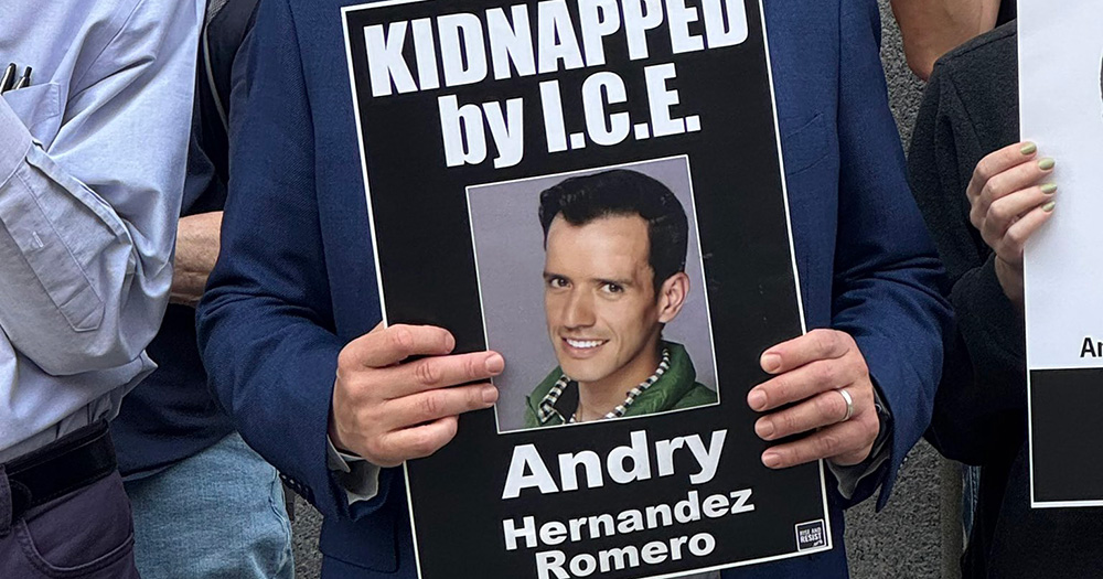 A poster of gay makeup artist Andry Hernandez Romero reading, "Kidnapped by I.C.E."