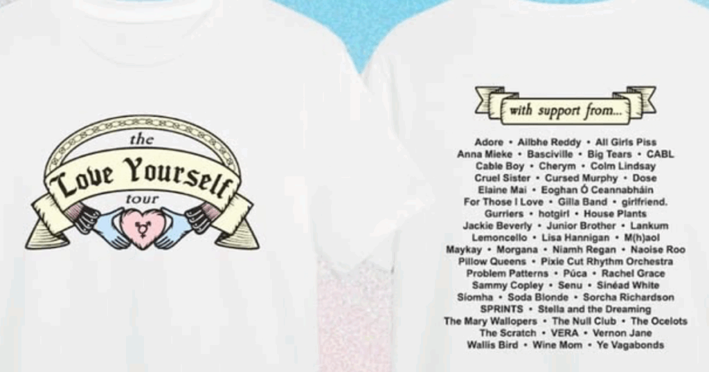 Image shows the Love Yourself Tour t-shirt in support of the trans community.
