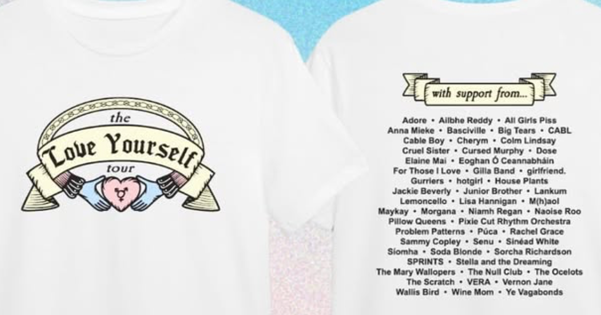 Image shows the Love Yourself Tour t-shirt in support of the trans community.
