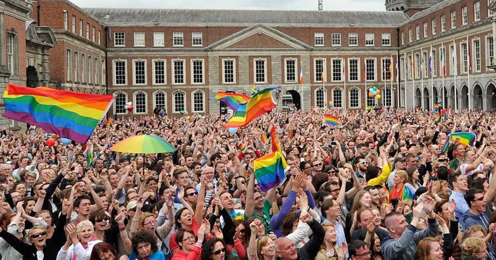 People gathered at event to celebrating the passing of the Marriage Referendum in Dublin Castle.
