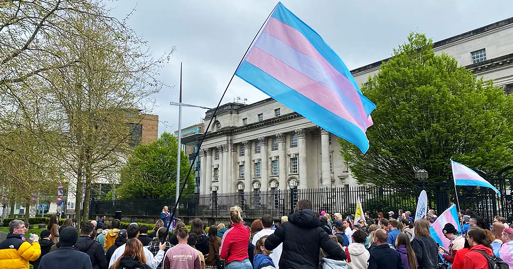img shows trans pride flag. Yesterday May 12 an important panel discussion hosted by The Rainbow Project, Northern Ireland’s largest LGBTQ+ charity, brought trans, non-binary and intersex people directly into the heart of Belfast.